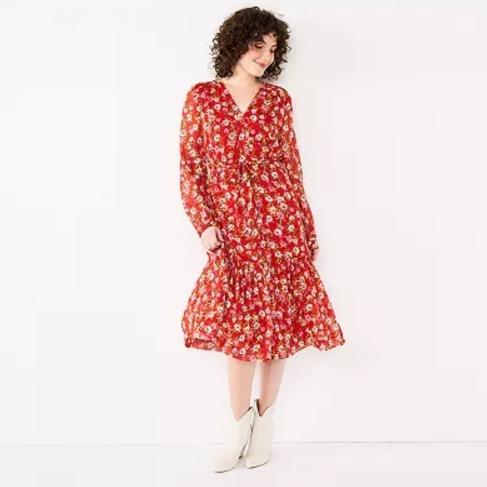 NWT Draper James Floral Long Sleeve Tiered Red Midi Dress XS